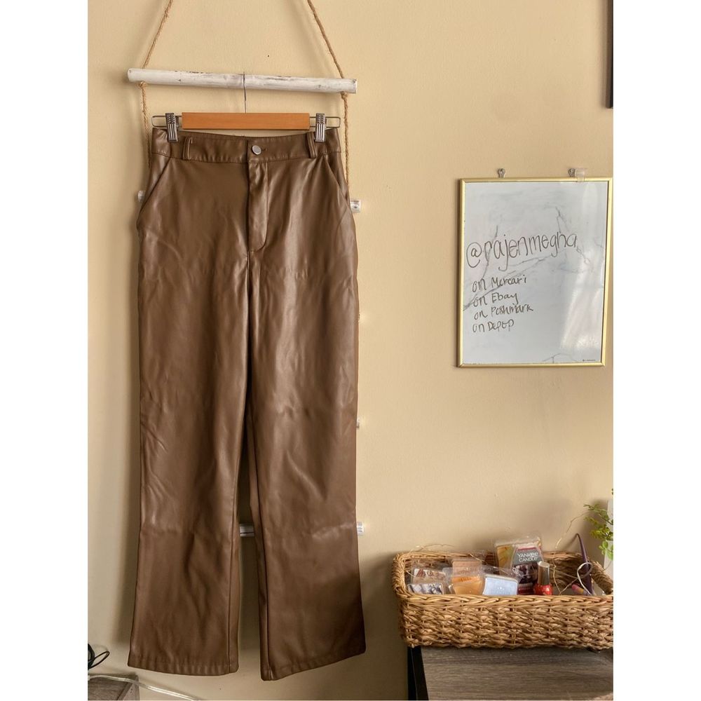 ZARA Medium Brown Leather Pants High Waist Straight Leg Jean - Picture 3 of 10